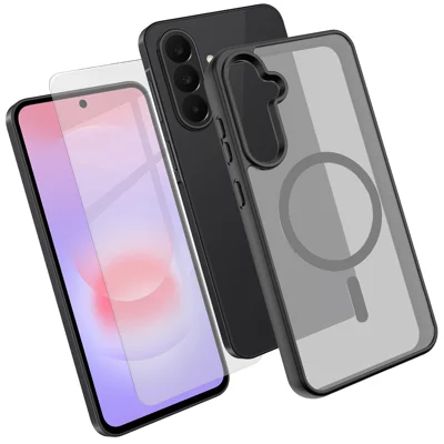  Til Samsung Galaxy A37 5G Magnetisk Case TPU + PC Telefonbeskyttelse med Høj Aluminium-Silicium Glas Skærmprotector - Sort