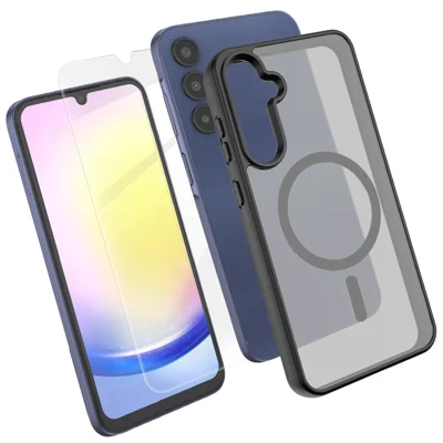  For Samsung Galaxy A25 5G (Global) (161mm) Magnetic Case TPU + PC Phone Cover with High Aluminium-Silicon Glass Screen Protector - Black