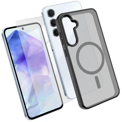  For Samsung Galaxy A55 5G Magnetic Case TPU + PC Phone Cover with High Aluminium-Silicon Glass Screen Protector - Black