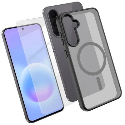 لـ هاتف Samsung Galaxy A57 5G غطاء واقي مغناطيسي من مادة TPU + PC مع واقي شاشة من زجاج الألومنيوم والسيليكون عالي الجودة - أسود