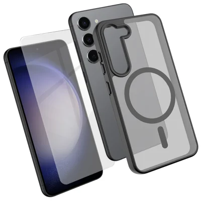 Capa Magnética para Samsung Galaxy S23 com TPU + PC e Protetor de Ecrã de Vidro de Alta Resistência de Alumínio-Silício - Preto