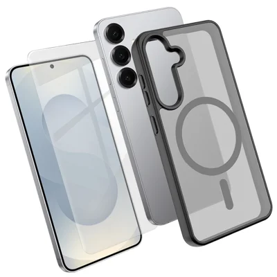 Custodia Magnetica per Samsung Galaxy S25 FE, Cover per Telefono in TPU + PC con Protettore per Schermo in Vetro di Alluminio-Silicio - Nero