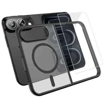 För iPhone Fold Magnetisk Hölje TPU + PC Mobilhölje med Hög Aluminium-Silicium Glas Skärmskydd - Svart