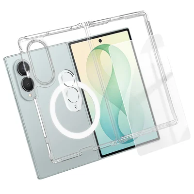  For Samsung Galaxy Z Fold8 Magnetic Case TPU + PC Phone Cover with High Aluminium-silicon Glass Screen Protector + Tempered Glass Lens Protector - Transparent