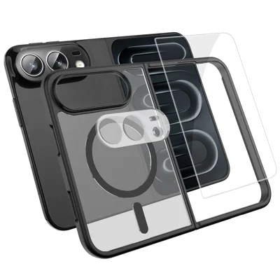  Für iPhone Fold Magnetische Hülle TPU + PC Handytasche mit hochwertigem Aluminium-Silizium-Glas Displayschutz + PC Kameraobjektivschutz - Schwarz