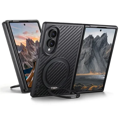 SUTENI G3 For Samsung Galaxy Z Fold8 Magnetic Case Rotating Kickstand Carbon Fiber Texture Leather Phone Back Cover - Black