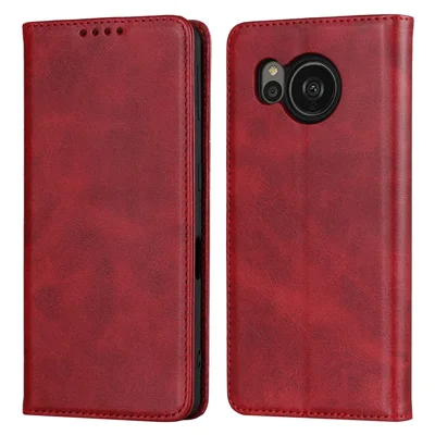Flip Folio Phone Cover For Sharp Aquos Sense 7 Plus Calf Texture PU Leather Stand Magnetic Absorption Anti-scratch Wallet Phone Case - Red