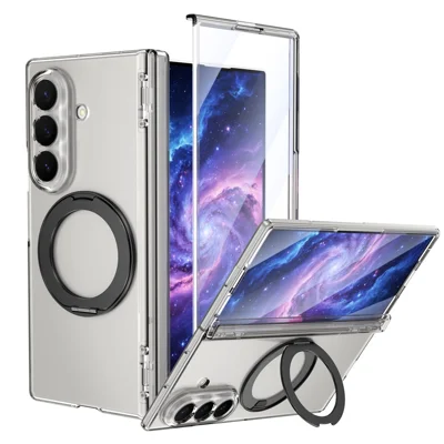 Чехол для Samsung Galaxy Z Fold8 Ultra поворотная подставка прозрачный поликарбонат + ТПУ полная защита шарнира чехол с HD закалённым стеклом - прозрачный чёрный