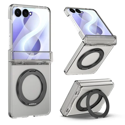 For Samsung Galaxy Z Flip8 Case Rotatable Kickstand Clear PC + TPU Full Hinge Protection Phone Cover with HD Tempered Glass Film - Transparent Black