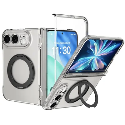 For iPhone Fold Case Rotatable Kickstand Clear PC + TPU Full Hinge Protection Phone Cover with HD Tempered Glass Film - Transparent Black