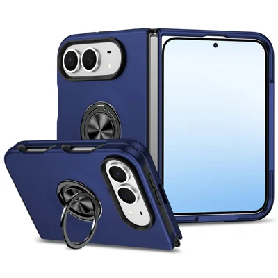 For iPhone Fold Case PC + TPU Phone Cover with Rotatable Ring Holder - Blue