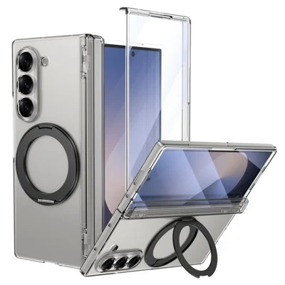 For Samsung Galaxy Z Fold6 5G Case Rotatable Kickstand Clear PC + TPU Full Hinge Protection Phone Cover with HD Tempered Glass Film - Transparent Black