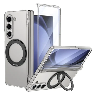 For Samsung Galaxy Z Fold5 5G Case Rotatable Kickstand Clear PC + TPU Full Hinge Protection Phone Cover with HD Tempered Glass Film - Transparent Black