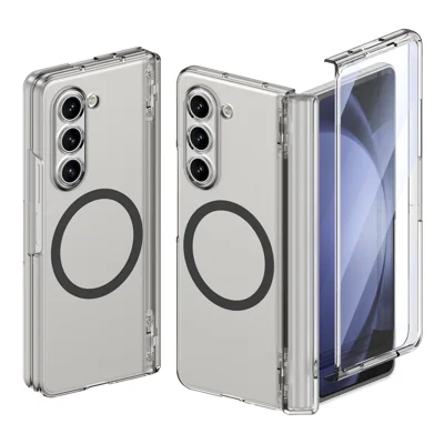 For amsung Galaxy Z Fold5 5G Magnetic Case Clear PC + TPU Hinge Protection Phone Cover with HD Tempered Glass Film - Transparent Black