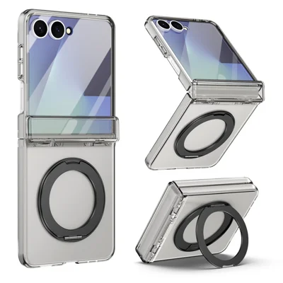 For Samsung Galaxy Z Flip7 5G Case Rotatable Kickstand Clear PC + TPU Full Hinge Protection Phone Cover with HD Tempered Glass Film - Transparent Black