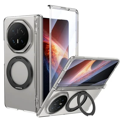 Funda para Honor Magic V6 5G con soporte giratorio, protección completa de bisagra, carcasa transparente de PC + TPU con película de vidrio templado HD - Negro transparente