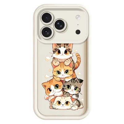 For iPhone 18 Pro Max  /  17 Pro Max TPU Case Cat Stack Design Pattern Rubberized Anti-Slip Phone Back Cover - White