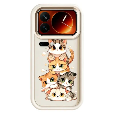 For Xiaomi 17 Pro TPU Case Cat Stack Design Pattern Rubberized Anti-Slip Phone Back Cover - White