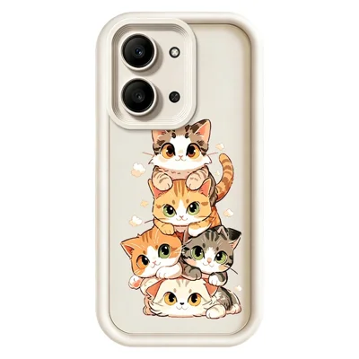 For Xiaomi Redmi 15C 5G (EU) (173mm)  /  15C 4G (EU) (173mm) TPU Case Cat Stack Design Pattern Rubberized Anti-Slip Phone Back Cover - White