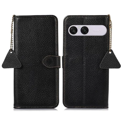 Cover per Sony Xperia 10 VIII in vera pelle bovina con blocco RFID, texture effetto litchi - Nero