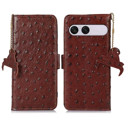 Custodia per Sony Xperia 10 VIII Custodia in Vera Pelle di Mucca con Blocco RFID Texture di Struzzo - Caffè