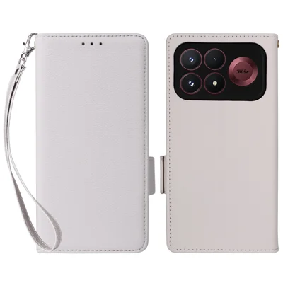For Xiaomi Poco F9 Pro 5G / Redmi K100 Pro 5G (China) Case Litchi Texture Wallet Leather Phone Cover with Wrist Strap - White