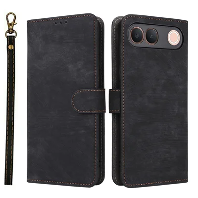 For vivo V80 Lite 5G (IN / PK)  /  S2 5G Wallet Case RFID Blocking PU Leather Phone Cover Stand with Strap - Black