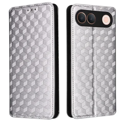 For vivo V80 Lite 5G (IN / PK)  /  S2 5G Case Wallet Rhombus Imprinted PU Leather Phone Cover - Silver