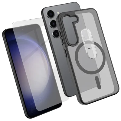 Capa Magnética para Samsung Galaxy S23 com TPU + PC, Capa para Telemóvel com Proteção de Ecrã em Vidro de Alta Resistência de Alumínio-Silício + Proteção de Lente da Câmara em PC - Preto