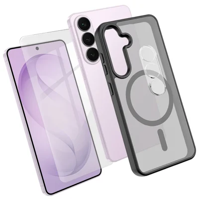 Obudowa magnetyczna na Samsung Galaxy S26 FE, pokrowiec na telefon TPU + PC z hartowanym szkłem z wysokim udziałem krzemu + ochrona soczewek aparatu PC - Czarny