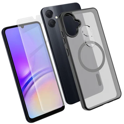 Чехол с магнитом для Samsung Galaxy A05 4G, чехол из ТПУ + поликарбоната с защитой экрана из высокопрочного алюмокремниевого стекла + защита объектива камеры из поликарбоната — черный