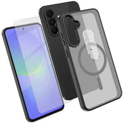  For Samsung Galaxy A36 5G Magnetic Case TPU + PC Phone Cover with High Aluminium-Silicon Glass Screen Protector + PC Camera Lens Protector - Black