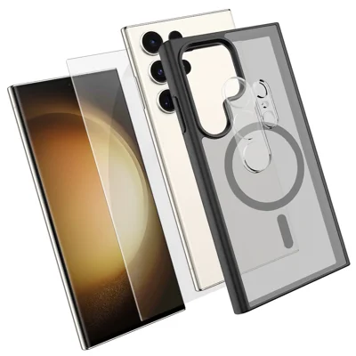 Etui magnetyczne do Samsung Galaxy S23 Ultra, pokrowiec TPU + PC z hartowanym szkłem wysokokrzemowym + ochroną obiektywu aparatu PC - Czarny