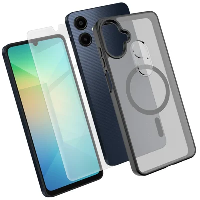  For Samsung Galaxy A06 5G / Galaxy A06 4G Magnetic Case TPU + PC Phone Cover with High Aluminium-Silicon Glass Screen Protector + PC Camera Lens Protector - Black