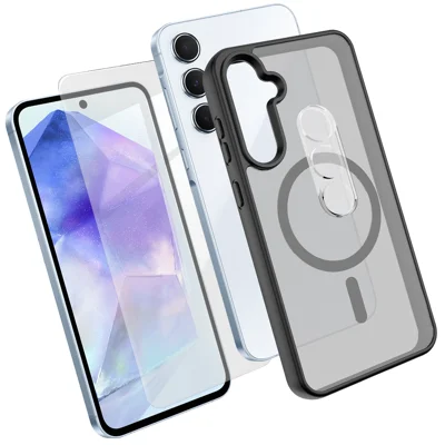  For Samsung Galaxy A55 5G Magnetic Case TPU + PC Phone Cover with High Aluminium-Silicon Glass Screen Protector + PC Camera Lens Protector - Black