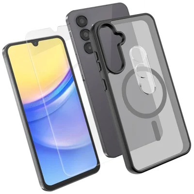  For Samsung Galaxy A15 5G Magnetic Case TPU + PC Phone Cover with High Aluminium-Silicon Glass Screen Protector + PC Camera Lens Protector - Black