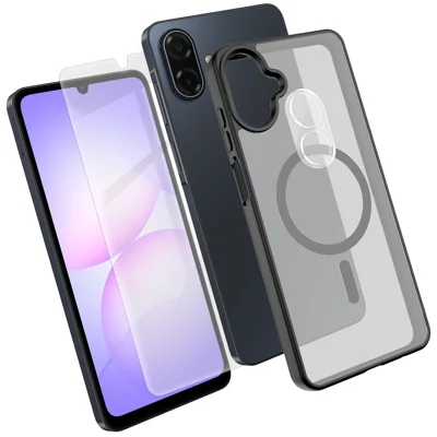  Étui magnétique pour Samsung Galaxy A08 4G / Galaxy A08 5G, housse de téléphone TPU + PC avec protecteur d'écran en verre d'aluminium-silicium haut de gamme + protecteur d'objectif d'appareil photo en PC - Noir