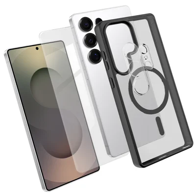  For Samsung Galaxy S25 Ultra Magnetic Case TPU + PC Phone Cover with High Aluminium-Silicon Glass Screen Protector + PC Camera Lens Protector - Black