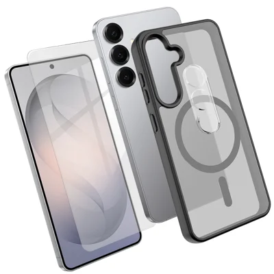 Étui magnétique pour Samsung Galaxy S24+, housse de téléphone TPU + PC avec protecteur d'écran en verre aluminium-silicium haut de gamme + protecteur d'objectif caméra en PC - Noir