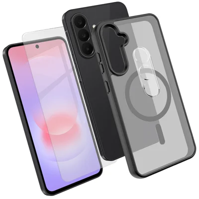  For Samsung Galaxy A37 5G Magnetisk Case TPU + PC Telefonbeskyttelse med Høj Aluminium-silicium Glas Skærmprotector + PC Kameraobjektivprotector - Sort