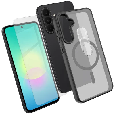 لـ هاتف Samsung Galaxy A27 5G غطاء مغناطيسي TPU + غطاء هاتف من البولي كربونات مع واقي شاشة من الزجاج عالي السيليكون والألومنيوم + واقي عدسة الكاميرا من البولي كربونات - أسود