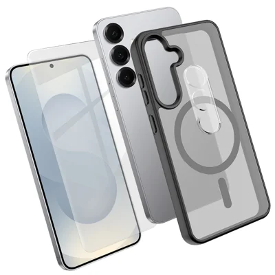  Custodia magnetica per Samsung Galaxy S25 FE, cover per telefono in TPU + PC con protettore schermo in vetro al silicio alluminato + protezione obiettivo fotocamera in PC - Nero