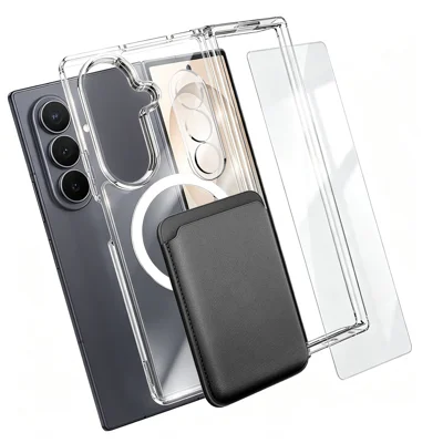  For Samsung Galaxy Z Fold8 Ultra Magnetic Case TPU + PC Phone Cover with High Aluminium-silicon Glass Screen Protector + Lens Protector + Card Holder - Transparent