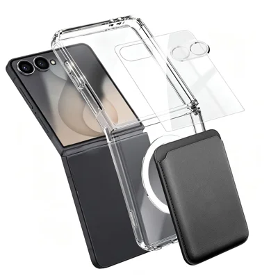  For Samsung Galaxy Z Flip8 Magnetic Case TPU + PC Phone Cover with High Aluminium-silicon Glass Screen Protector + Lens Protector + Card Holder - Transparent