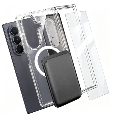 لـ هاتف Samsung Galaxy Z Fold7 5G غطاء مغناطيسي TPU + PC مع واقي شاشة من الزجاج عالي السيليكا والألمنيوم + واقي عدسة + حامل بطاقة - شفاف