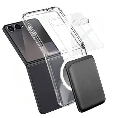  For Samsung Galaxy Z Flip7 5G Magnetic Case TPU + PC Phone Cover with High Aluminium-silicon Glass Screen Protector + Lens Protector + Card Holder - Transparent