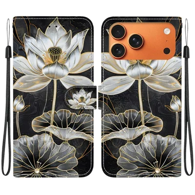 Til iPhone 18 Pro / 17 Pro Wallet Case Flip Stand med mønstertryk i PU-læder med håndbånd - Guld Inklus Lotus