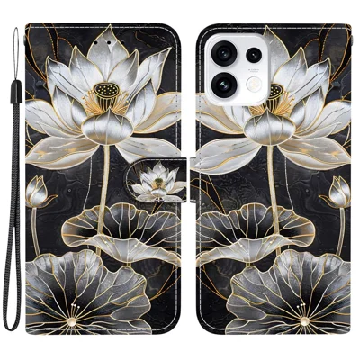 For Oppo Reno16 Pro 5G (Global)  /  Reno16 5G (Global) Wallet Case Flip Stand Pattern Printing PU Leather Phone Cover with Wrist Strap - Gold Ink Lotus