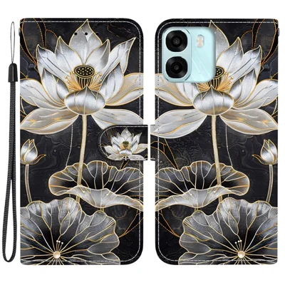 For Oppo A6x 5G  /  A6x 4G Wallet Case Flip Stand Pattern Printing PU Leather Phone Cover with Wrist Strap - Gold Ink Lotus
