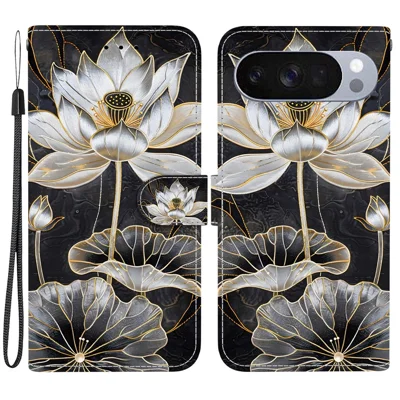 Fodral med fäck för Google Pixel 11 Pro / 11 / 10 Pro / 10 Flip Ställbara fodral med mönstertryck i PU-läder mobilhölje med handledsband - Guld blomblad lotus
